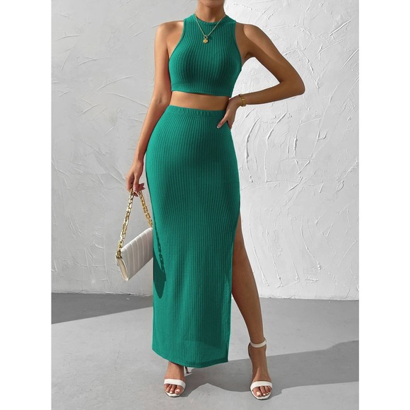 2 piece skirt set: Waffle Knit Crop Top & Split Thigh maxi Skirt - Picture 10 of 11